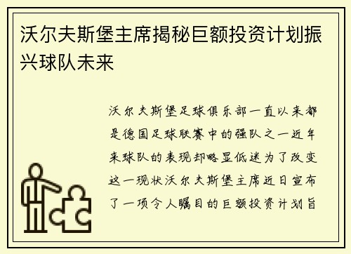 沃尔夫斯堡主席揭秘巨额投资计划振兴球队未来